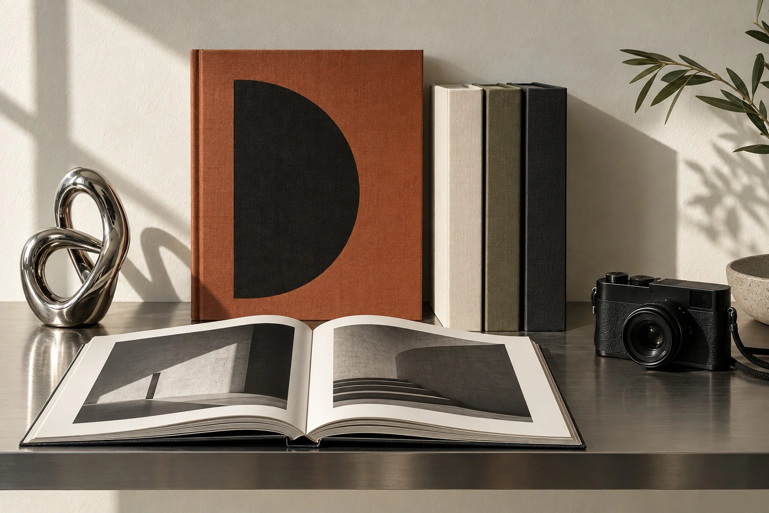 Libros de arte, una escultura cromada y una cámara sobre una mesa metálica.