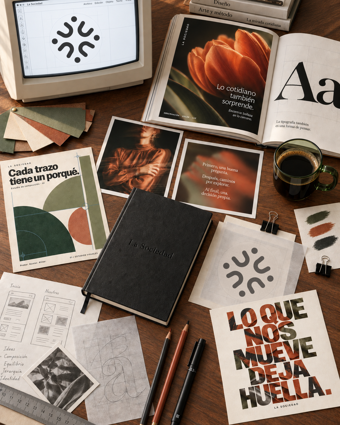 Mesa creativa con ordenador, libreta La Sociedad, taza de vidrio verde, revistas y pruebas de diseño.