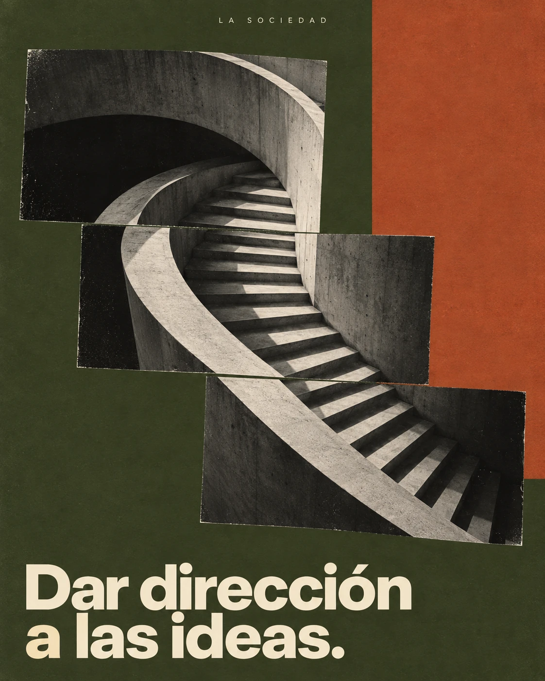 Collage de una escalera curva en blanco y negro sobre oliva y terracota. Dar dirección a las ideas.