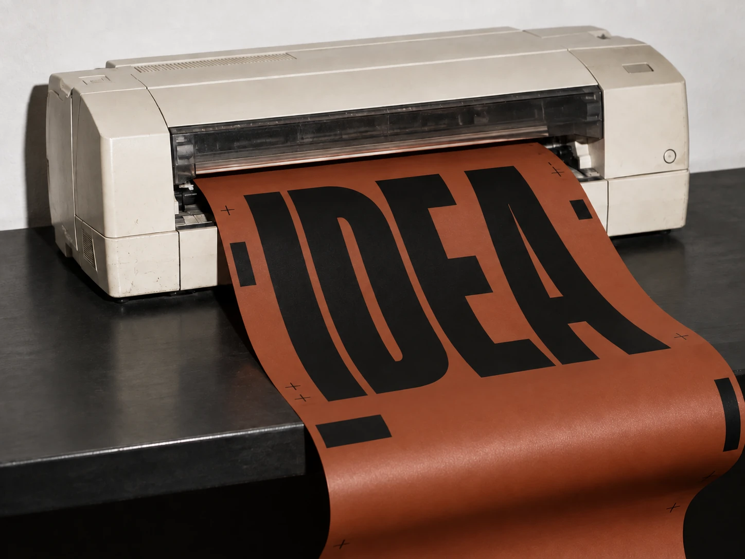 Impresora con un cartel terracota que da forma a la palabra IDEA