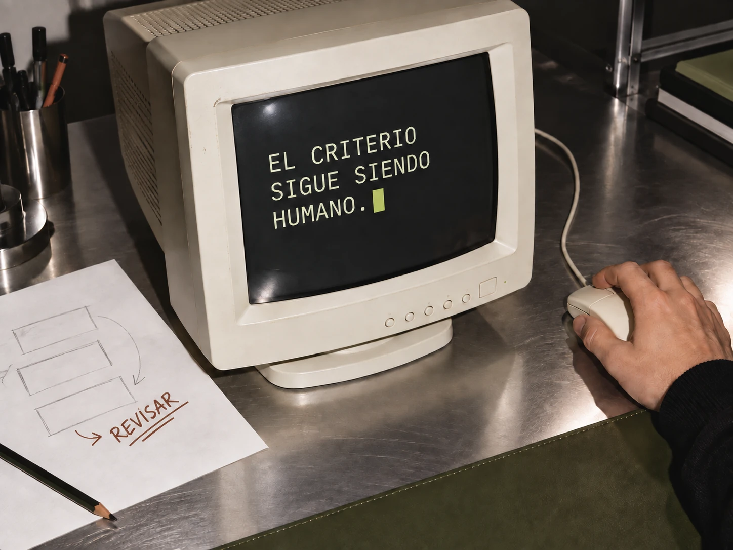 Monitor con el mensaje El criterio sigue siendo humano y una revisión en terracota