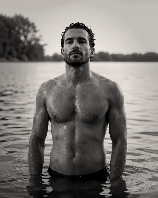 Retrato en blanco y negro junto a un lago para el banco visual